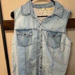 New Glory XL Denim Vest Light Wash Lace Back Sleeveless Button Up Western Boho